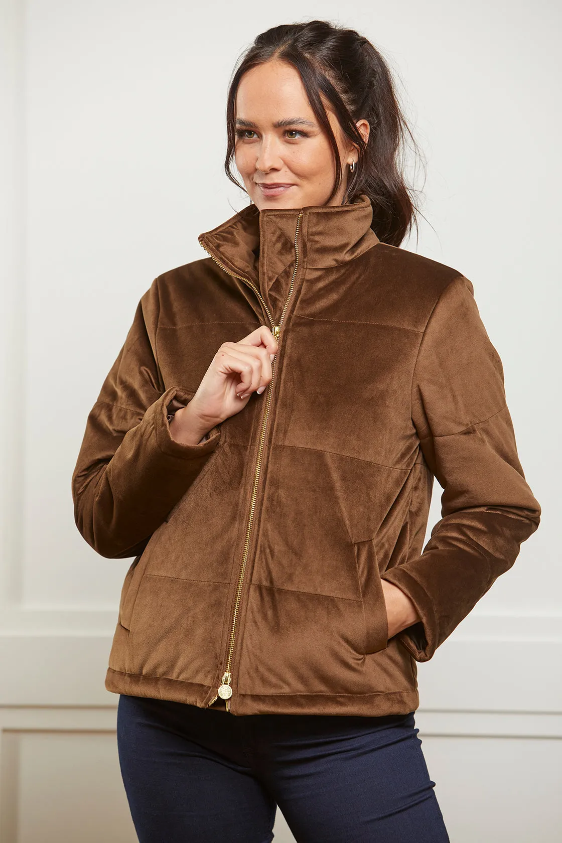 Ella Brown Velvet Winter Padded Jacket - 75% OFF