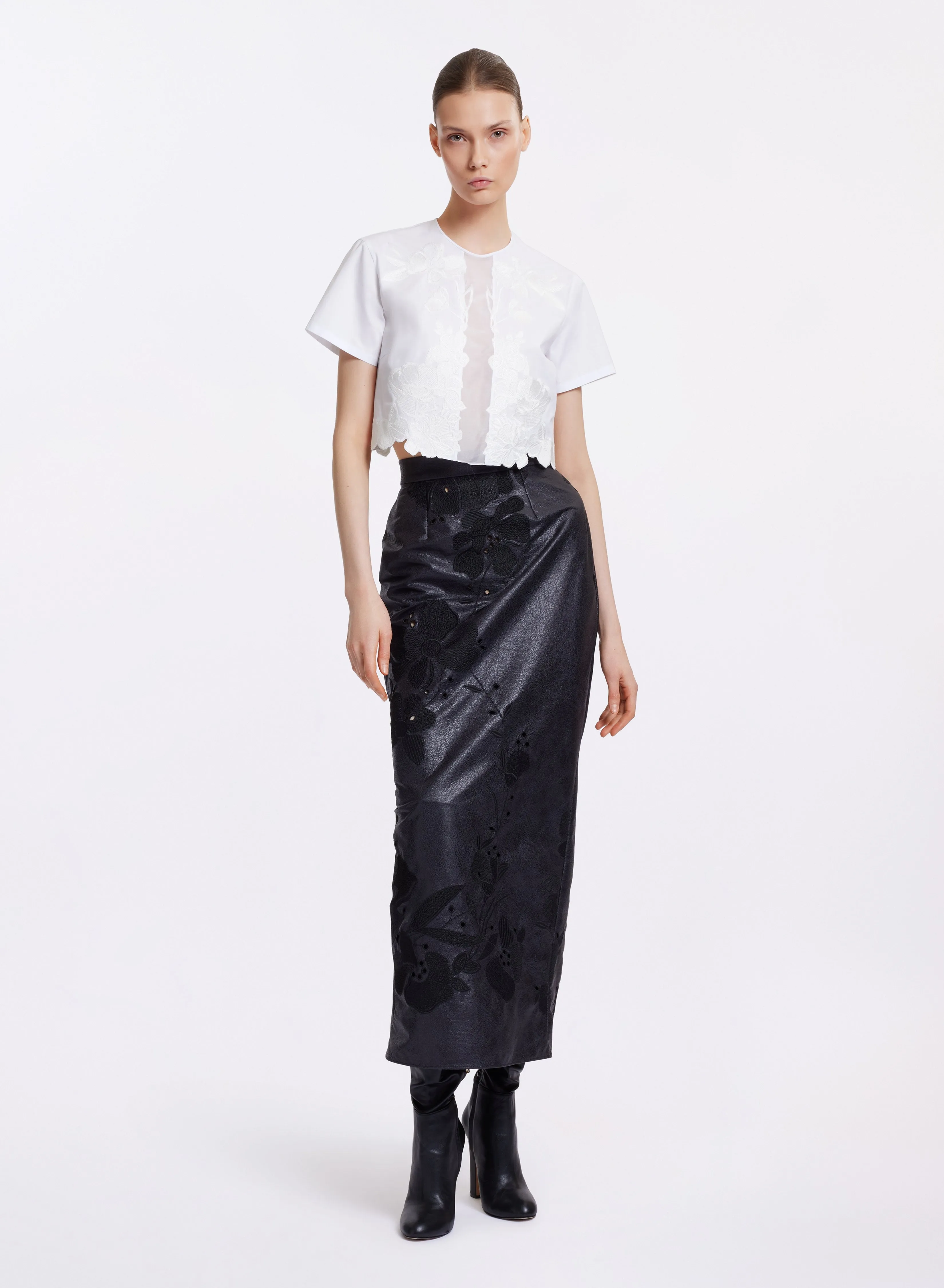 Embroidered Leather-Effect Skirt