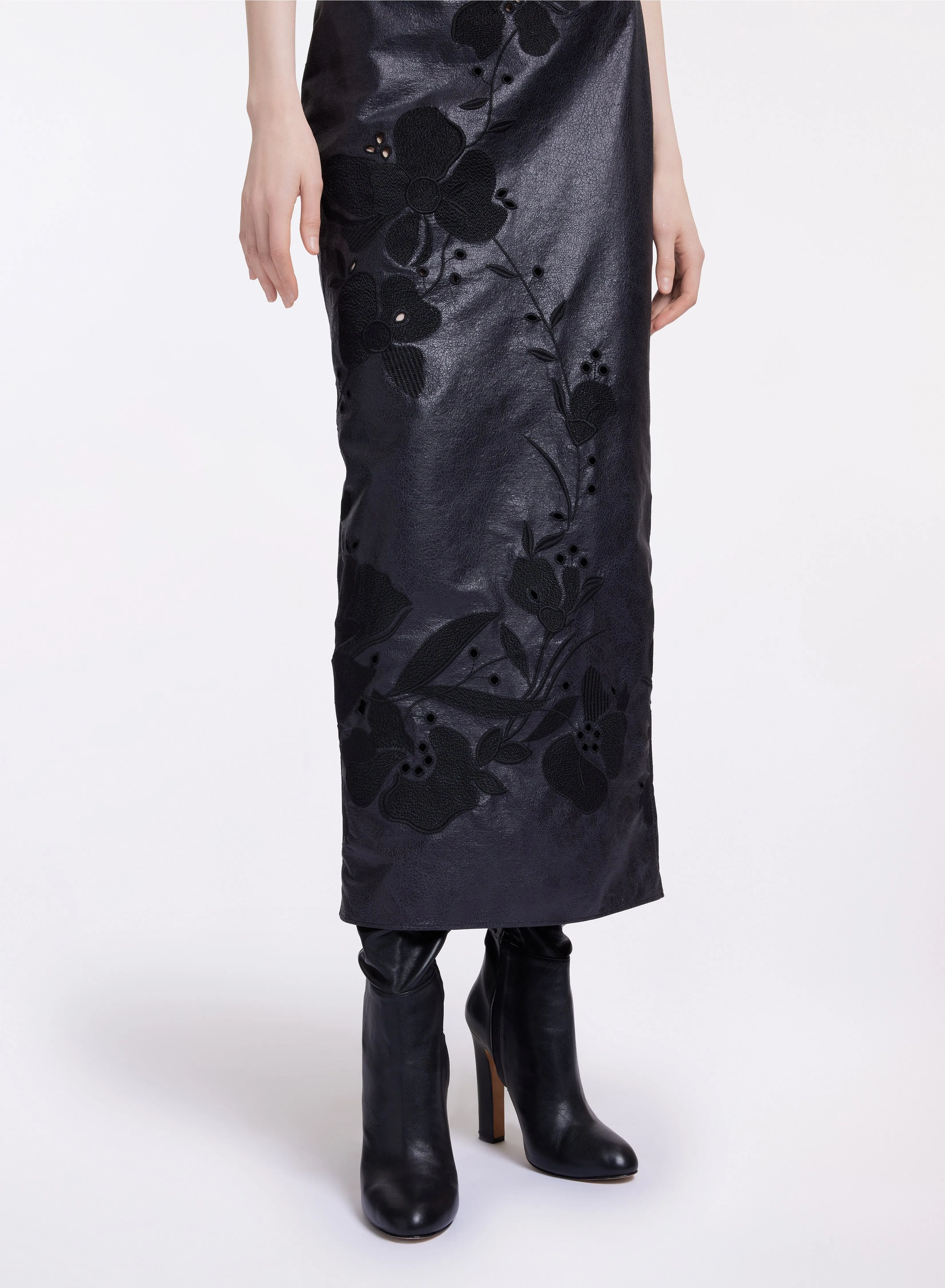 Embroidered Leather-Effect Skirt