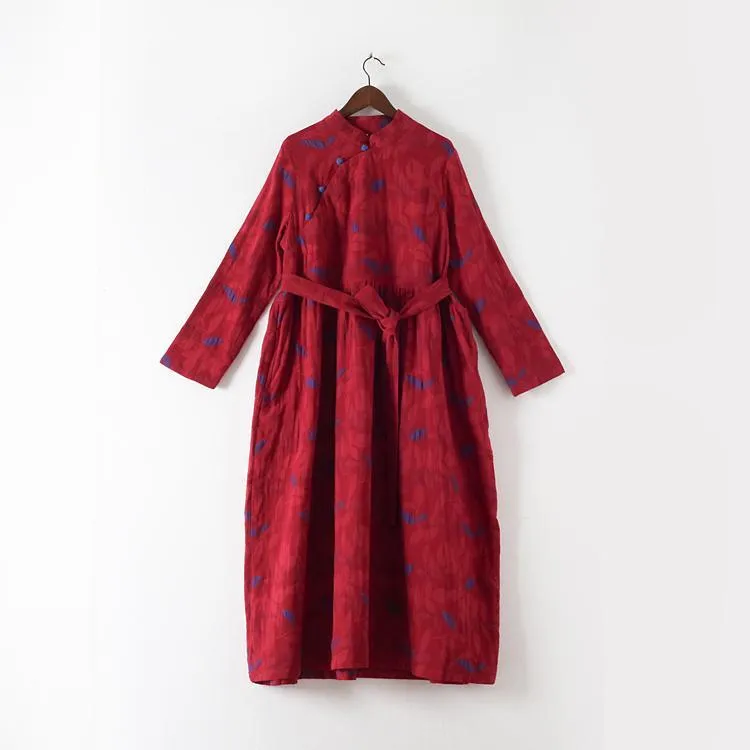 Ethnic Plate Buckle Cotton Linen Women Winter Dress