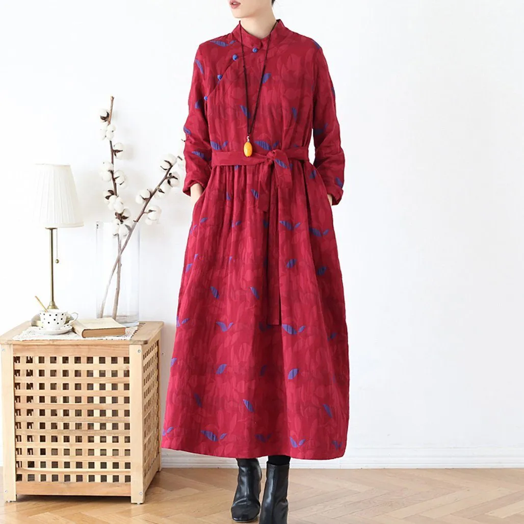 Ethnic Plate Buckle Cotton Linen Women Winter Dress