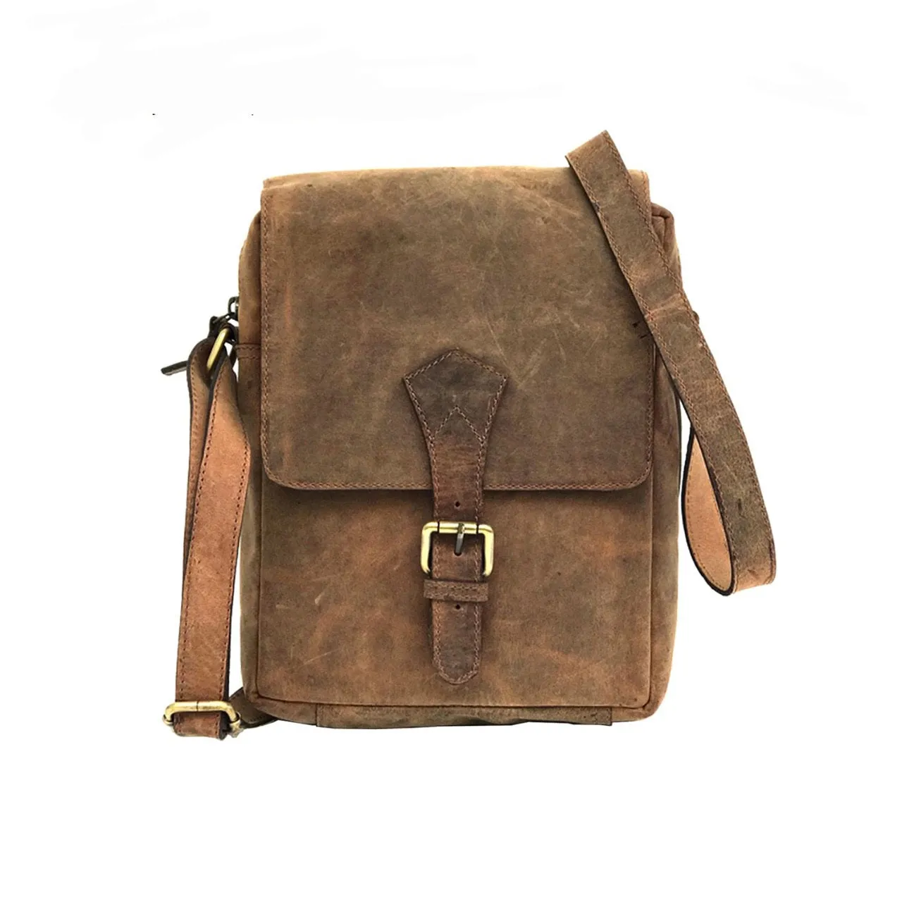 Full-grain Buffalo Leather Sling Messenger Bag - Marbled Brown