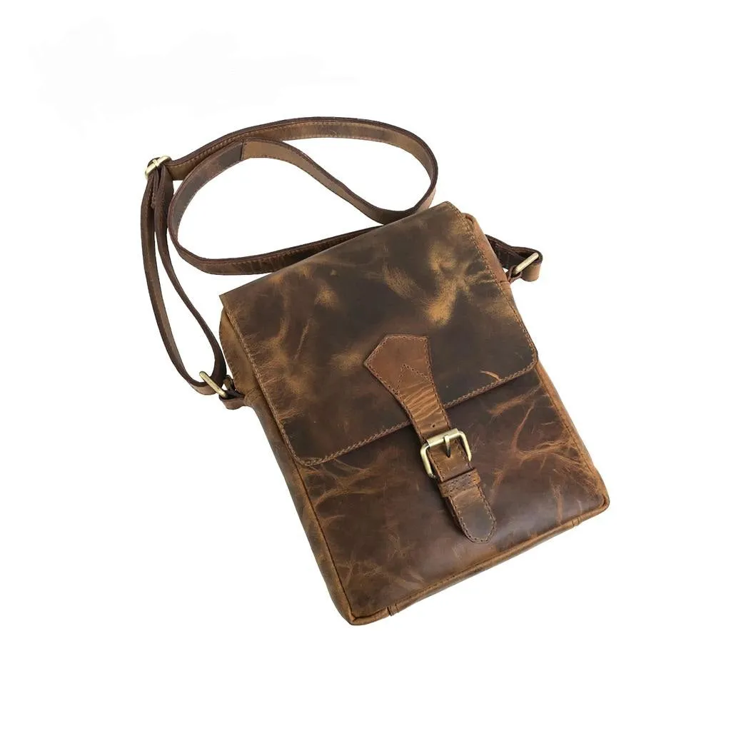 Full-grain Buffalo Leather Sling Messenger Bag - Marbled Brown