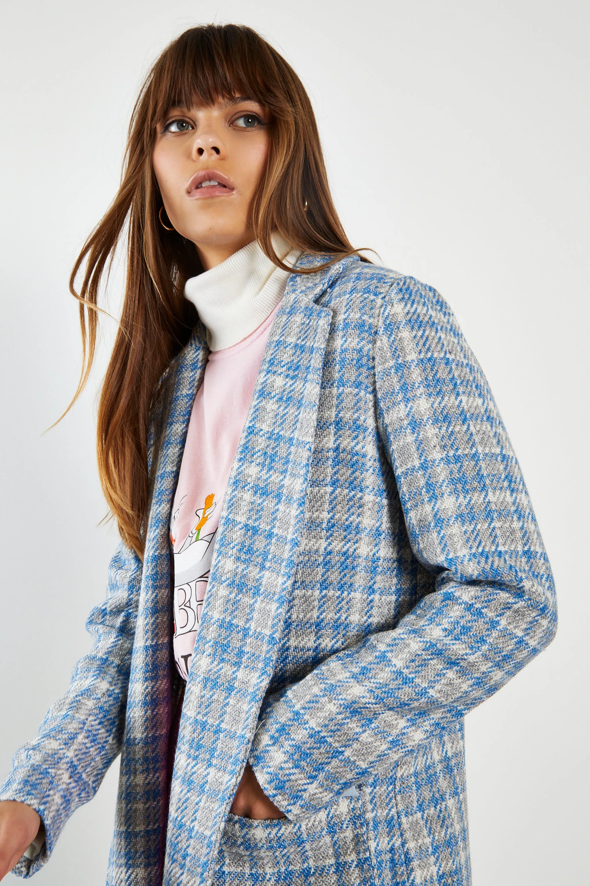 Glamorous Blue Grey Check Longline Coat with Front Pockets