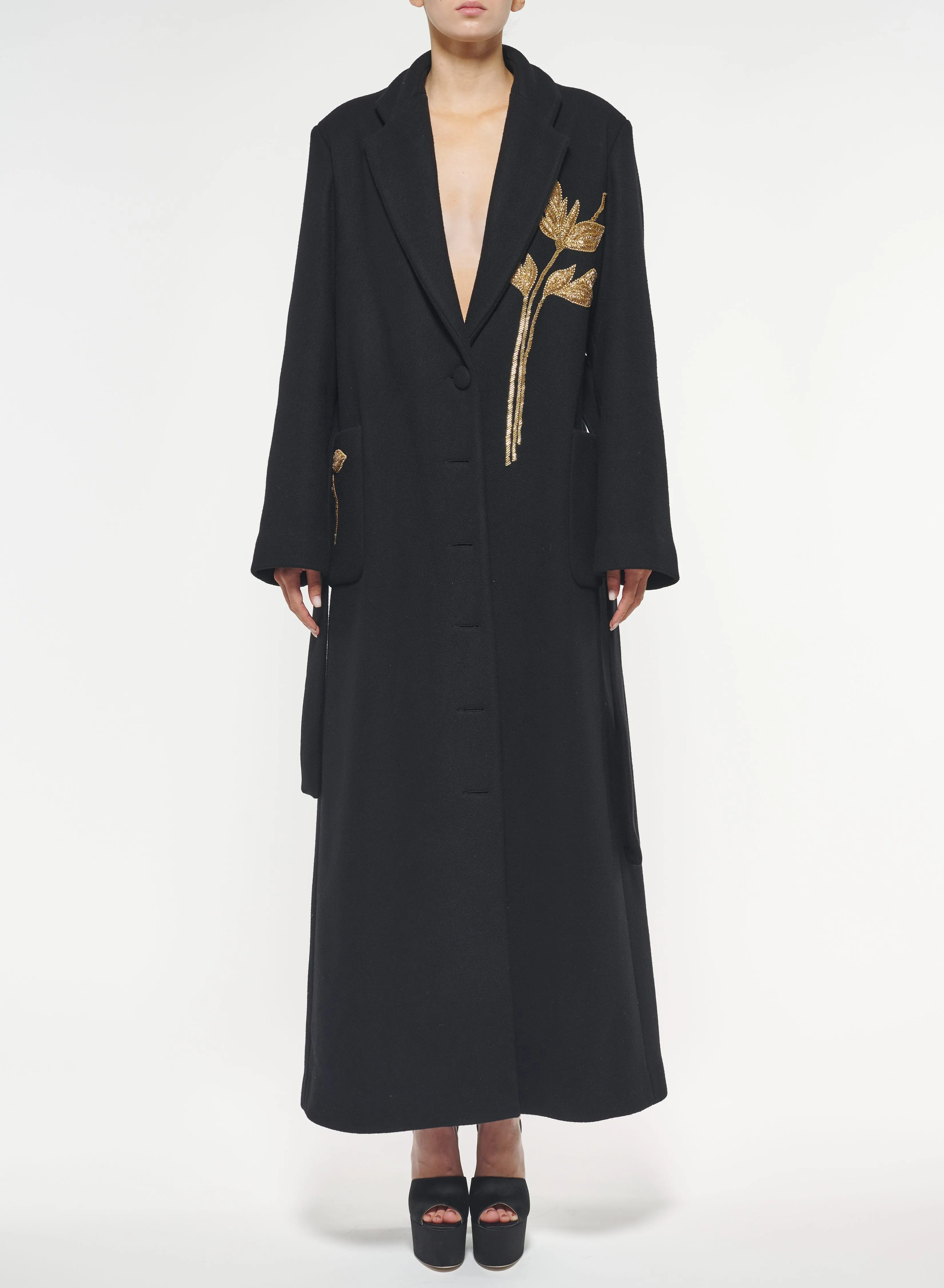 Gold Foliage Embroidered Wool Coat