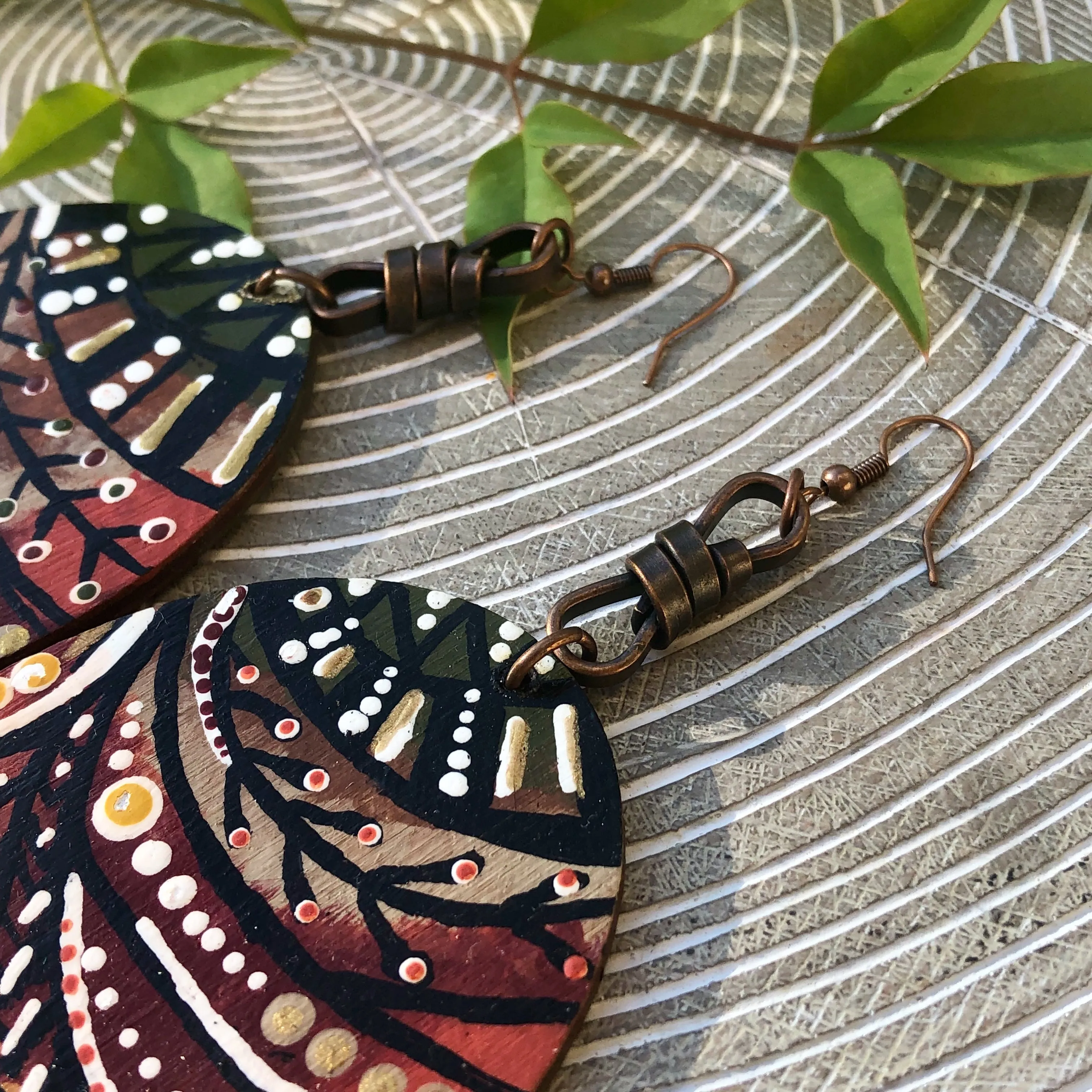 Hand Painted Oval Wood Earrings -  Autumn  Chic