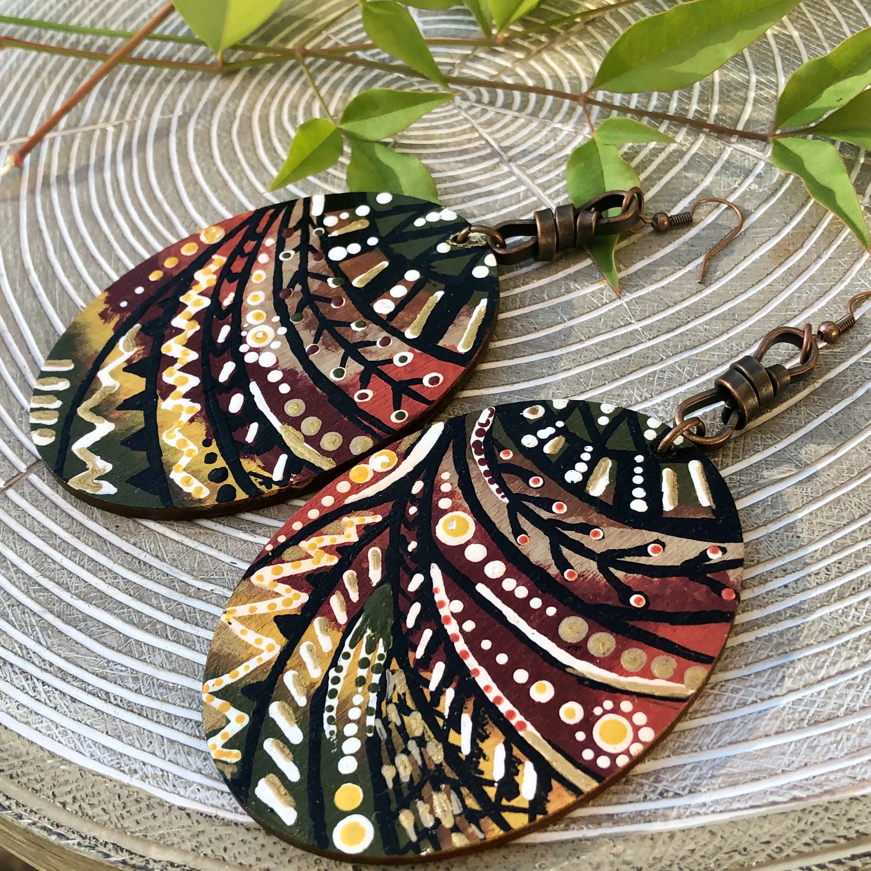 Hand Painted Oval Wood Earrings -  Autumn  Chic