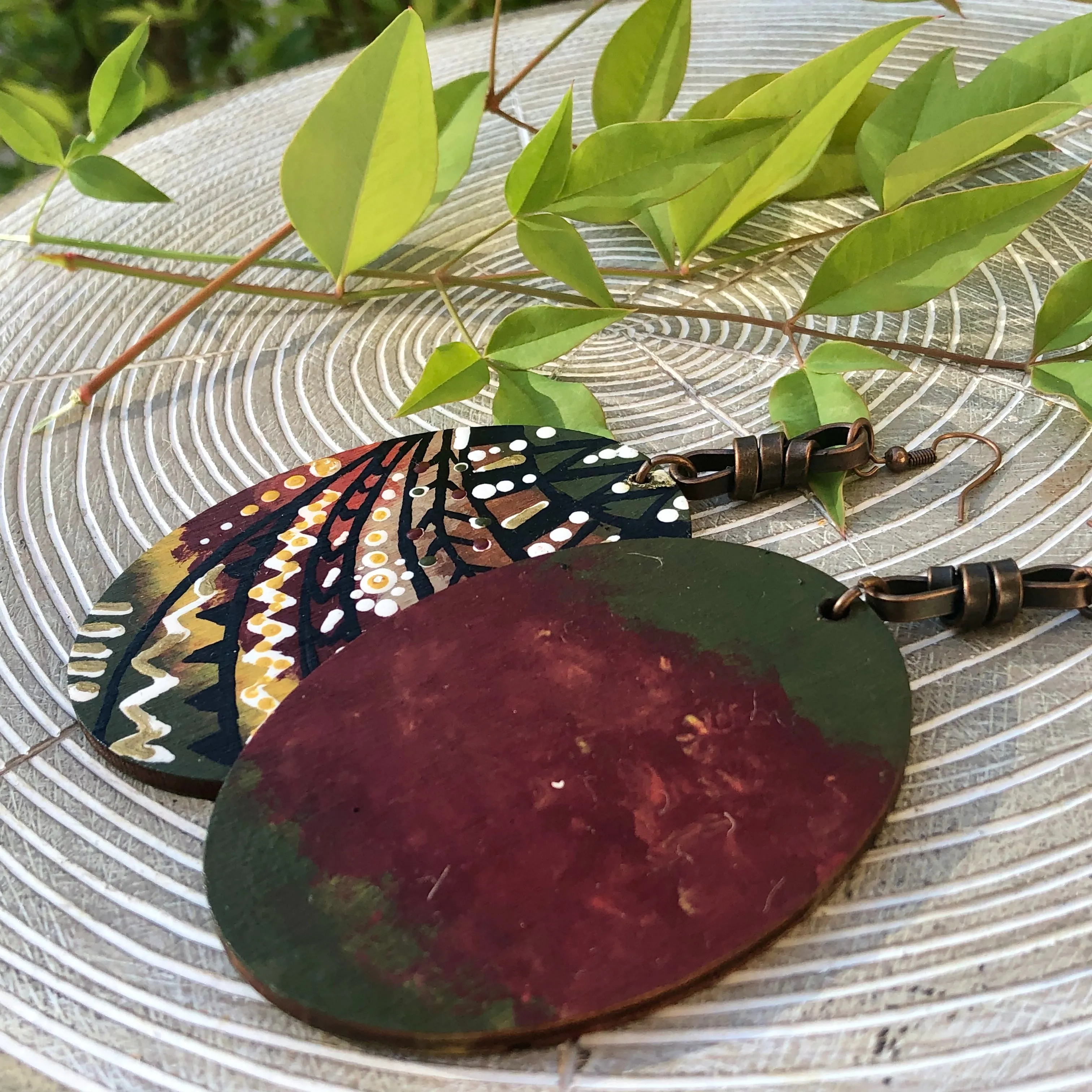 Hand Painted Oval Wood Earrings -  Autumn  Chic