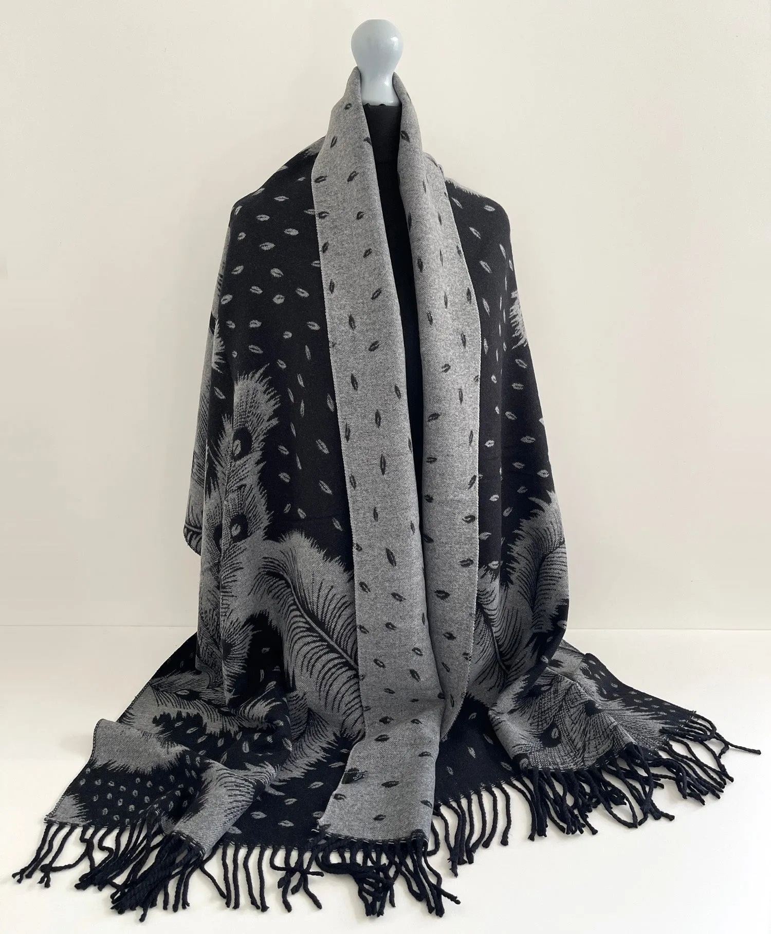 LARGE BLACK CASHMERE FEATHER PRINT REVERSIBLE WINTER SHAWL BLANKET SCARF