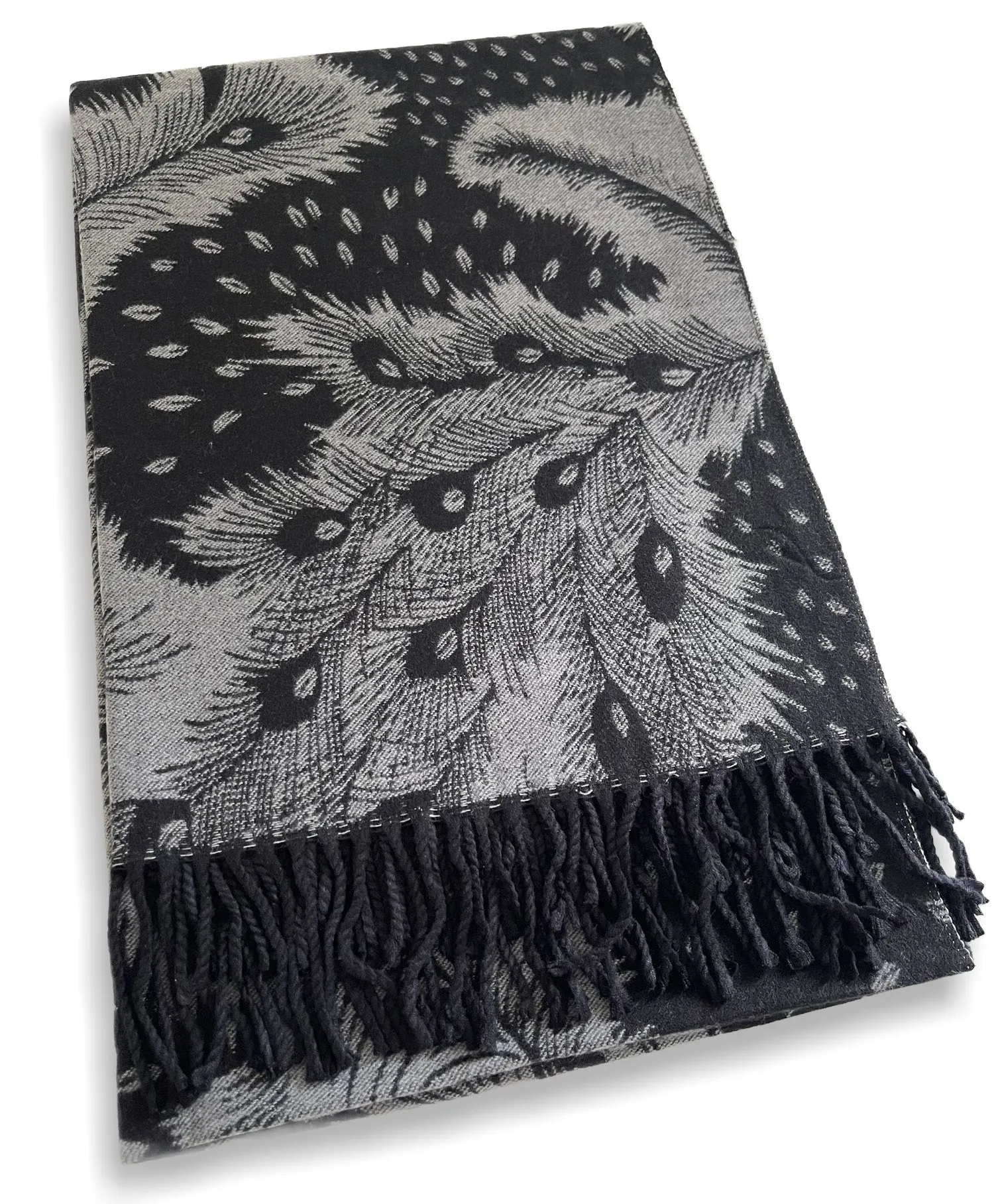 LARGE BLACK CASHMERE FEATHER PRINT REVERSIBLE WINTER SHAWL BLANKET SCARF