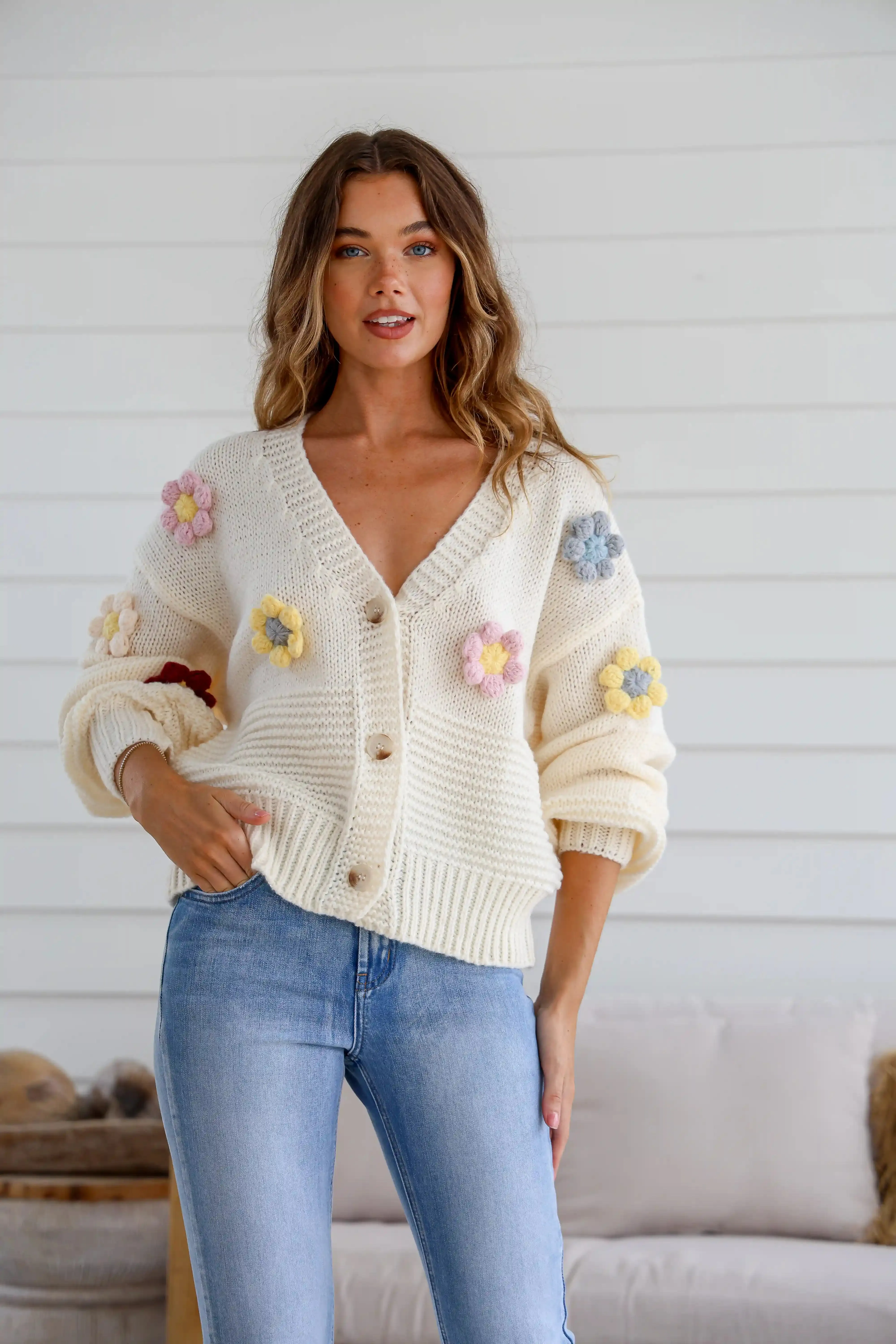 Mayfair Flower Knit Cardigan - Winter White