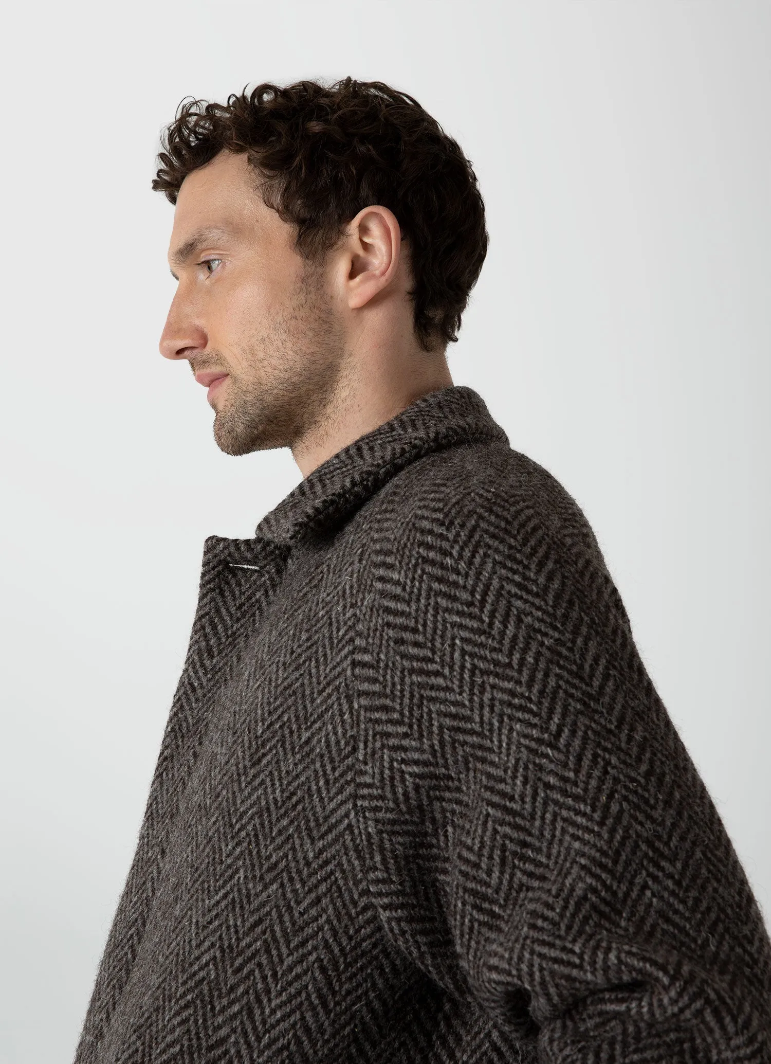 Men's British Wool Car Coat in Brown Herringbone