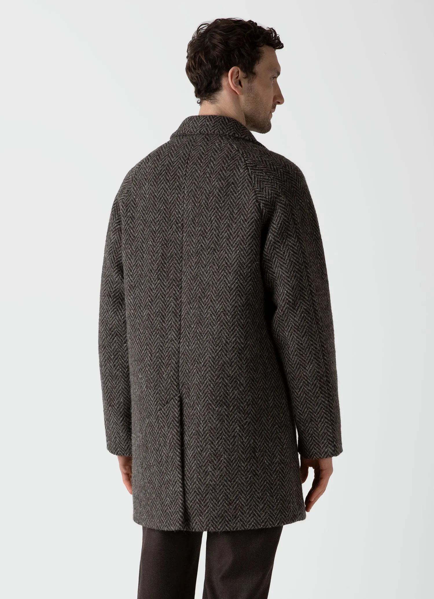 Men's British Wool Car Coat in Brown Herringbone