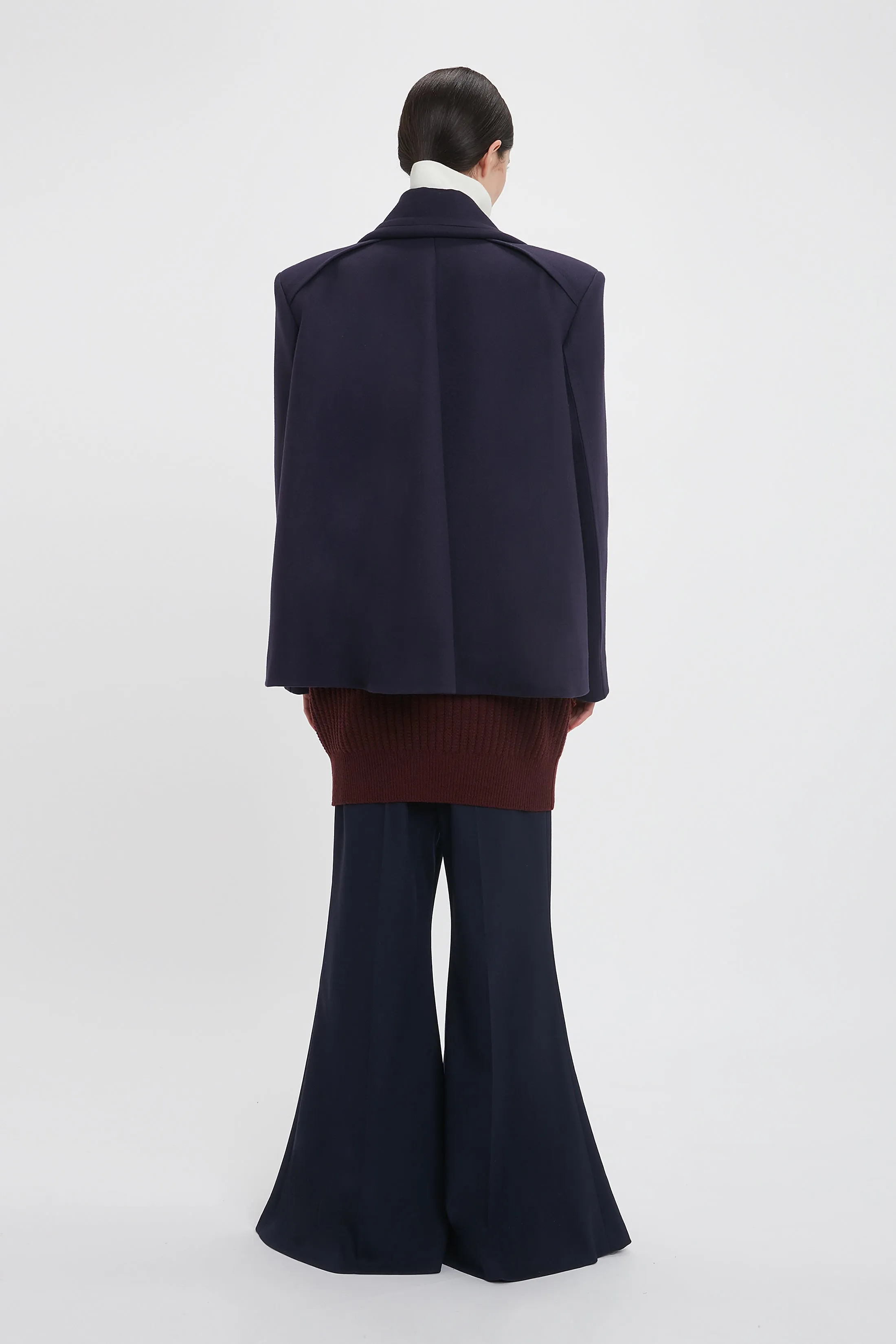 Pointed Shoulder Pea Coat In Ink Blue