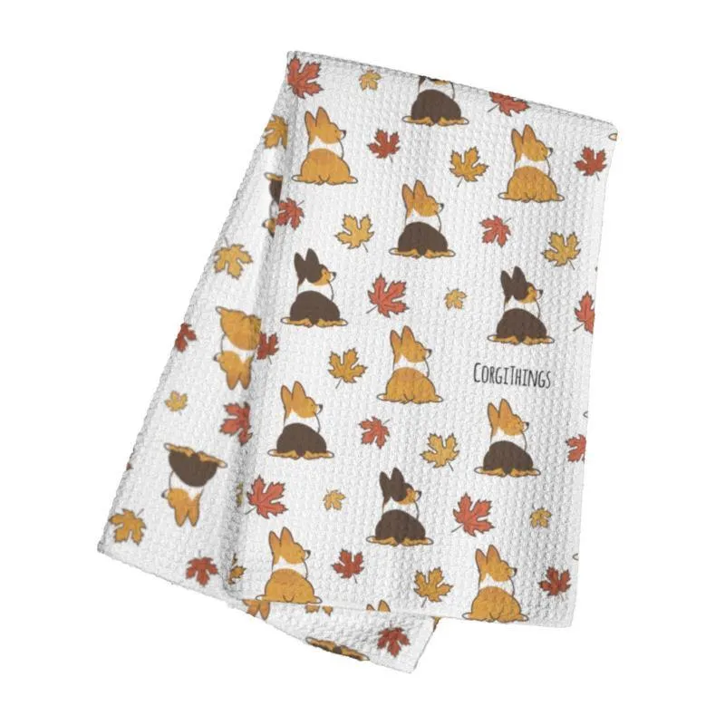 "Autumn Leaves" Corgi Waffle Weave Kitchen Towel