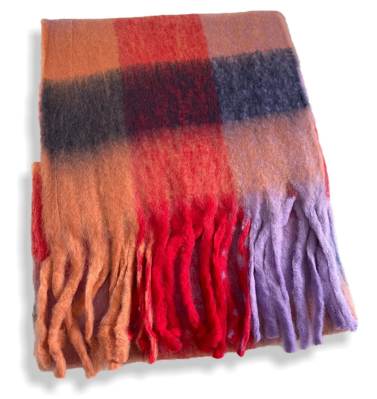 RED CHECKED WOOL RAINBOW BLANKET SCARF OVERSIZED WINTER SHAWL WRAP