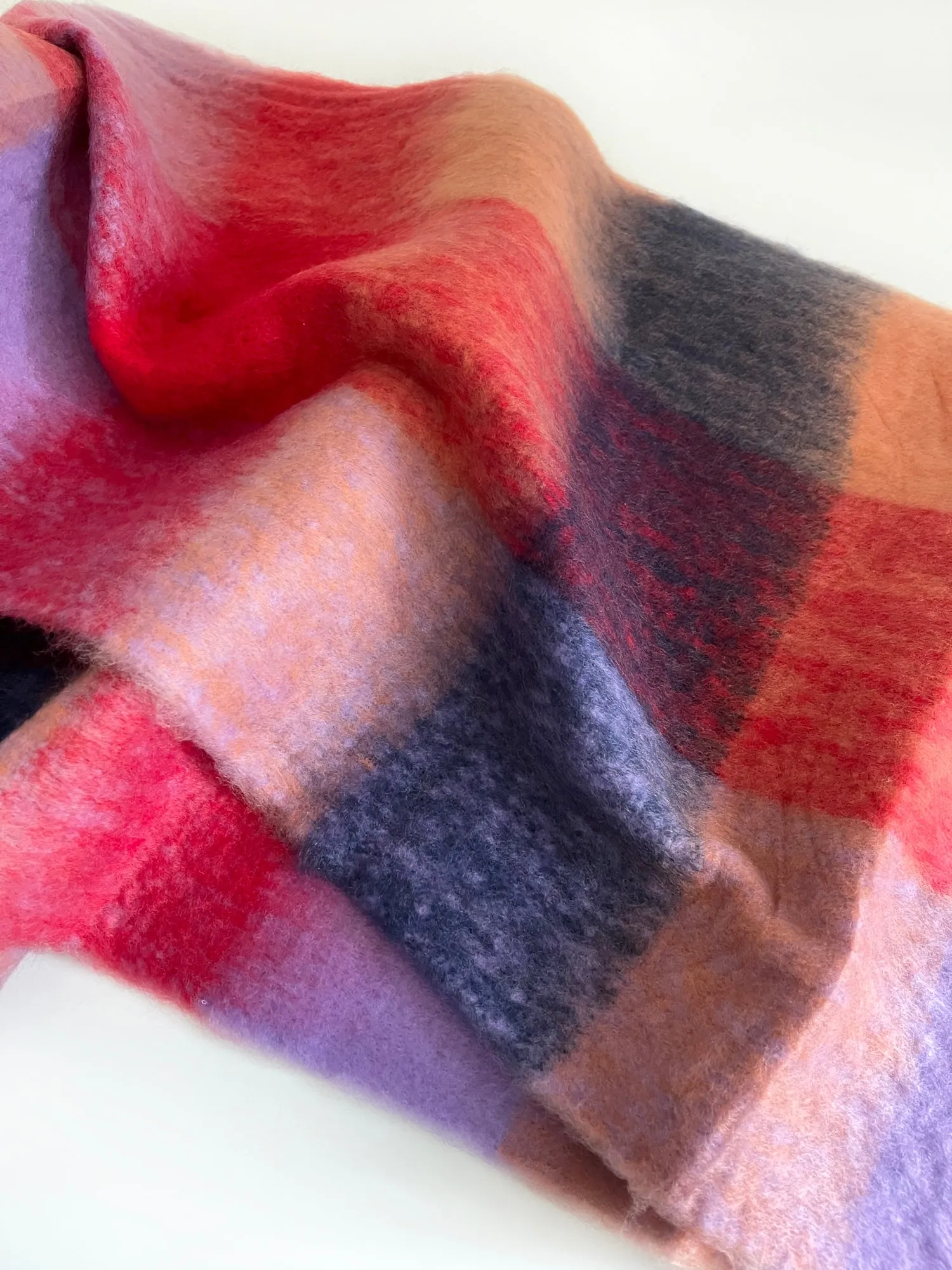 RED CHECKED WOOL RAINBOW BLANKET SCARF OVERSIZED WINTER SHAWL WRAP