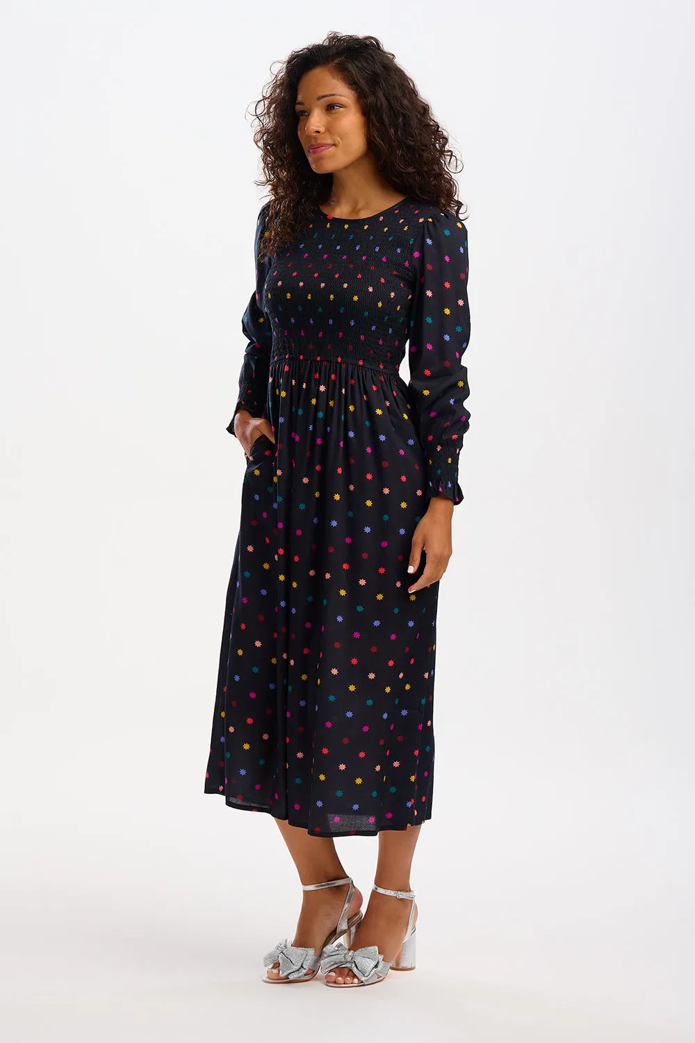 Tarin Shirred Midi Dress - Black, Winter Starburst