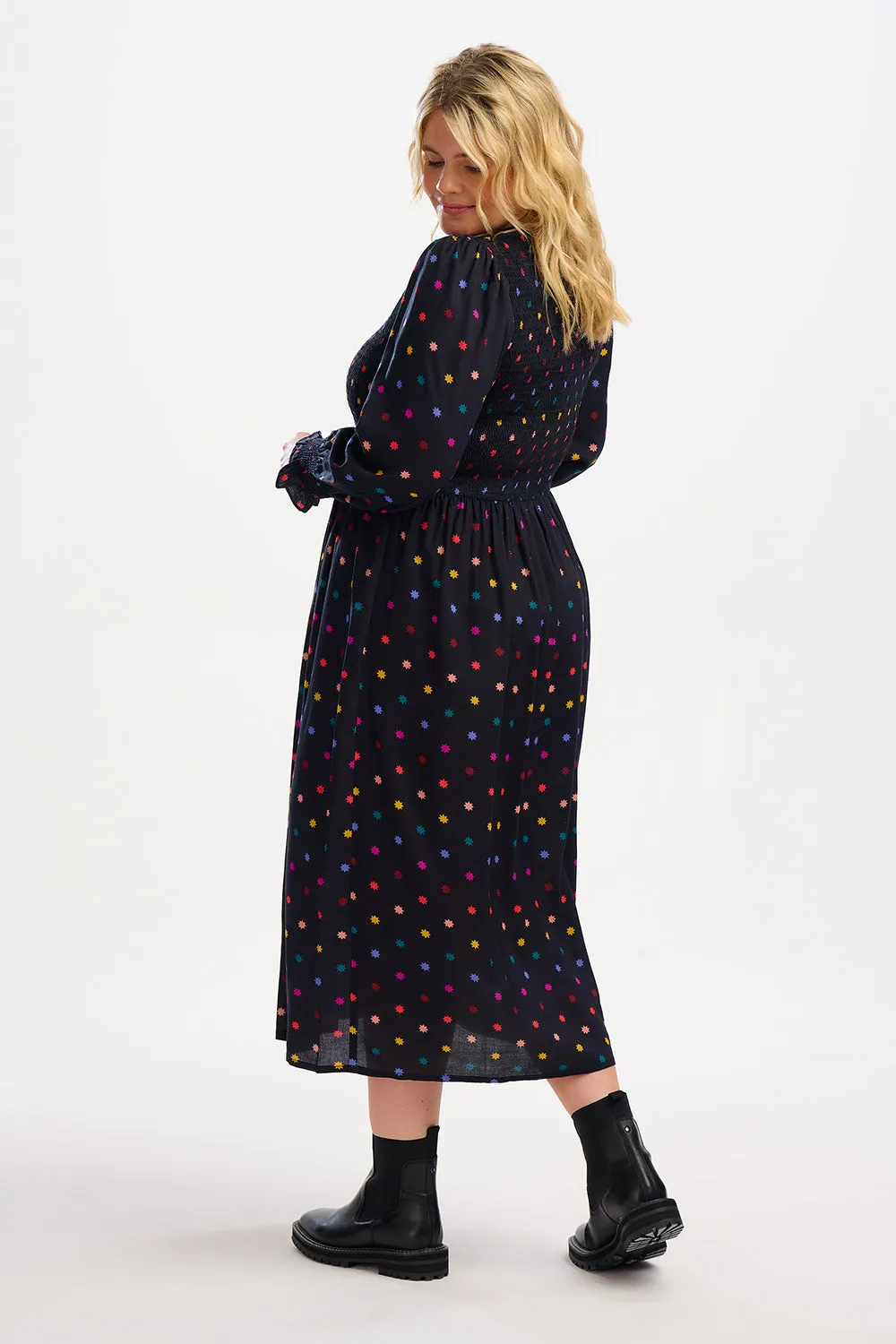 Tarin Shirred Midi Dress - Black, Winter Starburst