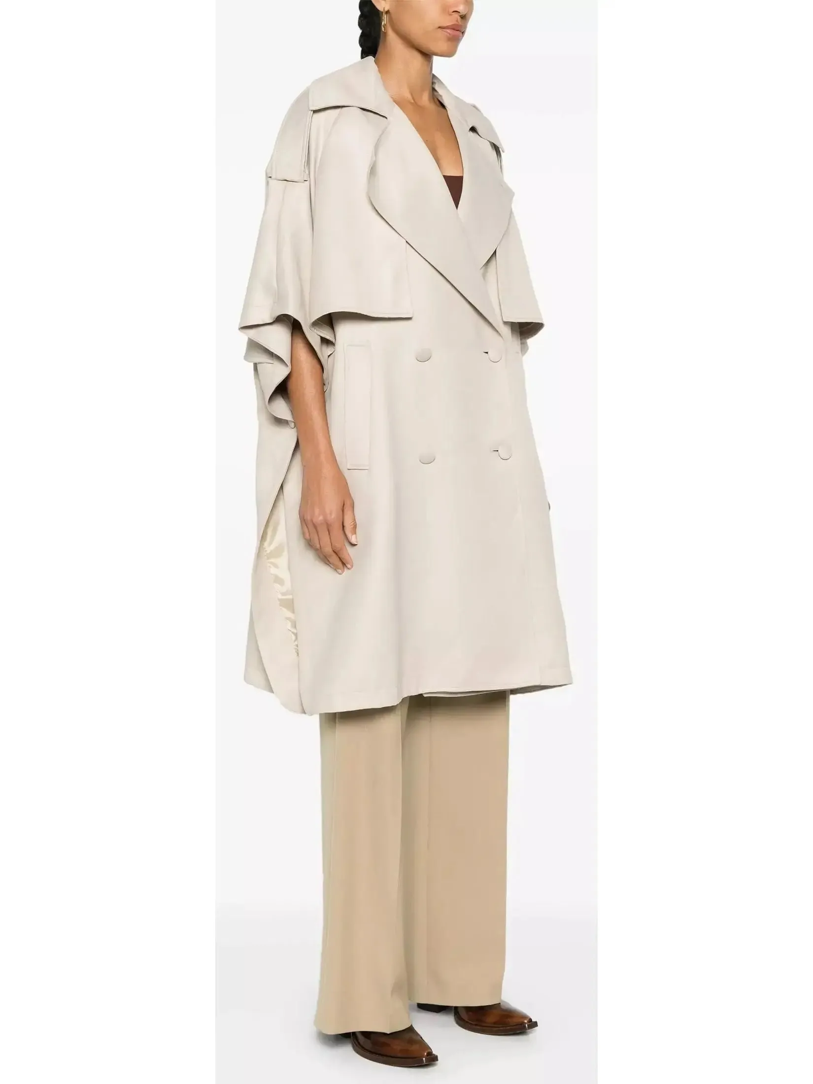 Women’s Beige Double-Breasted Short-Sleeve Cape Trench Coat