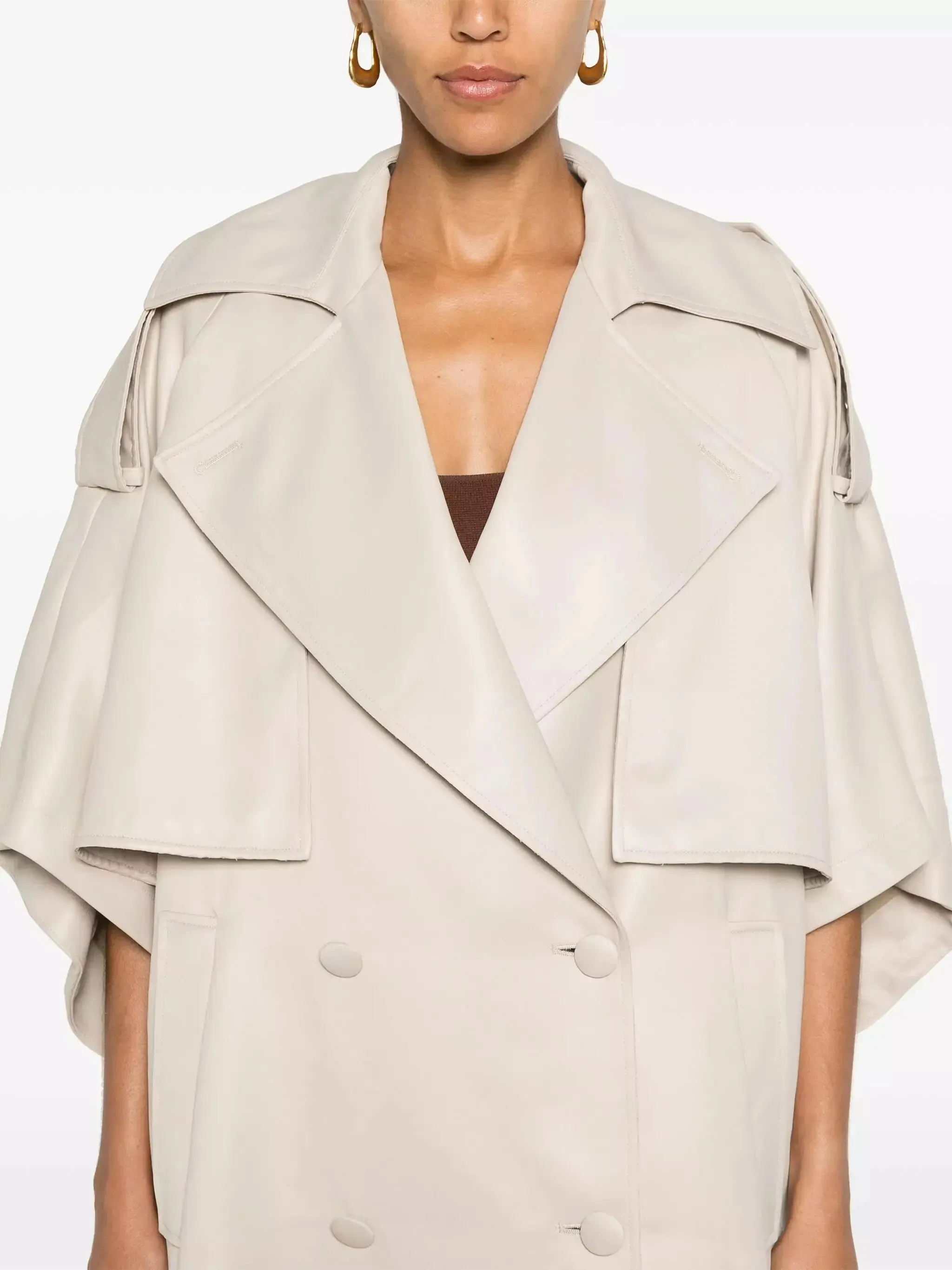 Women’s Beige Double-Breasted Short-Sleeve Cape Trench Coat